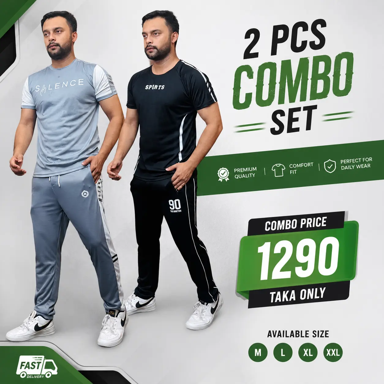 2 Pcs Black & Silver Tracksuit Combo